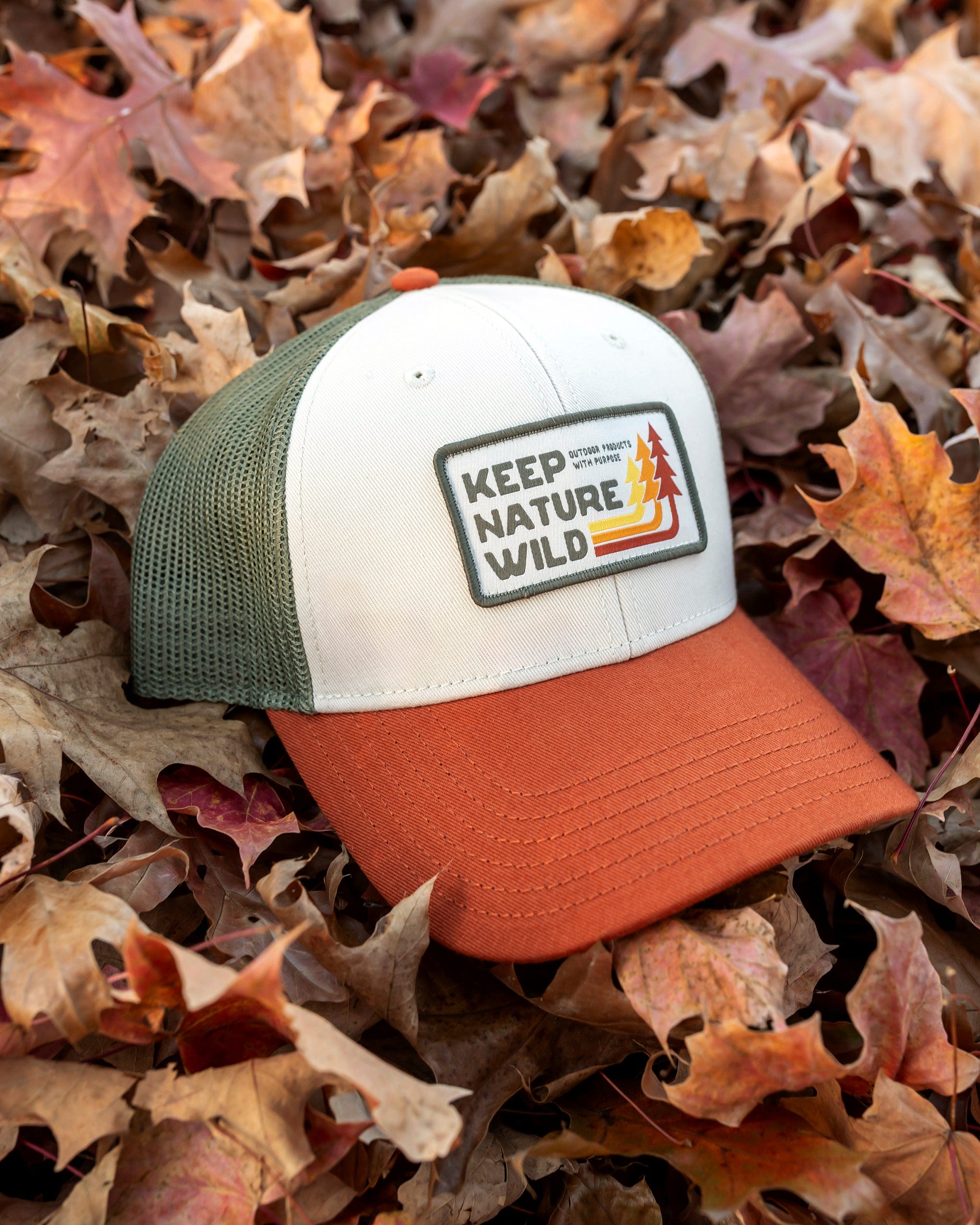 Keep Nature Wild Hat Retro Pines Trucker Hat | Olive/Beige/Copper