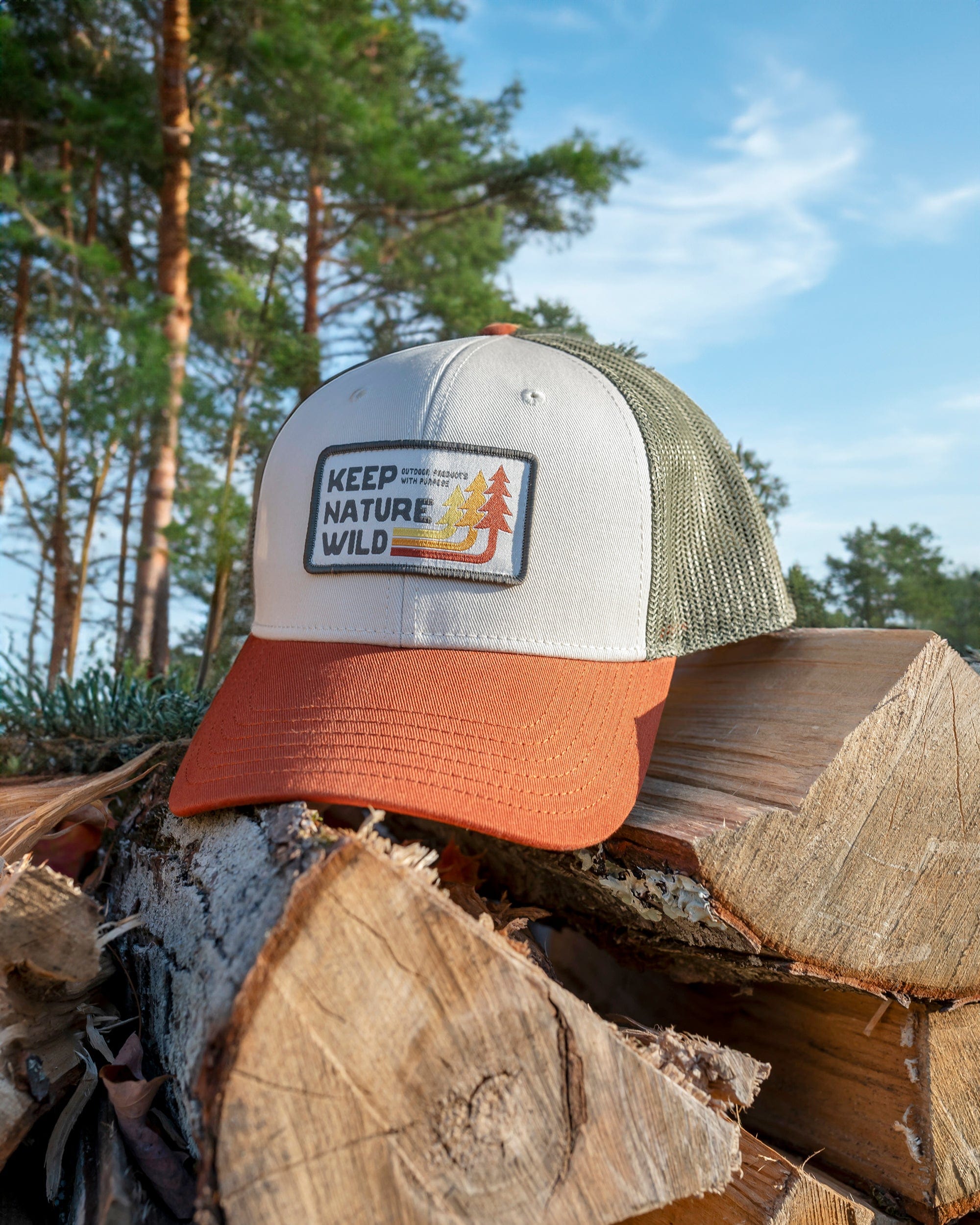 Keep Nature Wild Hat Retro Pines Trucker Hat | Olive/Beige/Copper