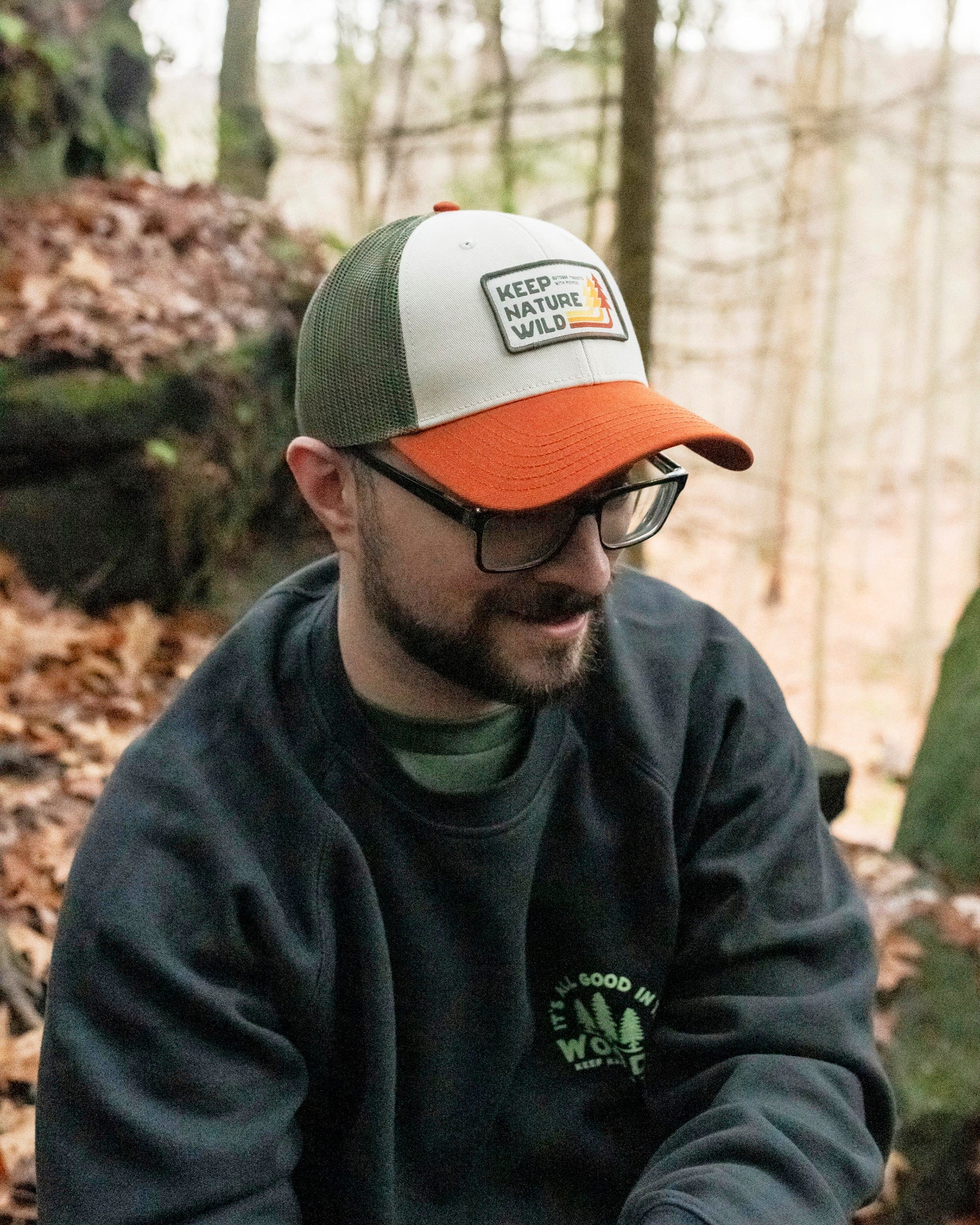 Keep Nature Wild Hat Retro Pines Trucker Hat | Olive/Beige/Copper