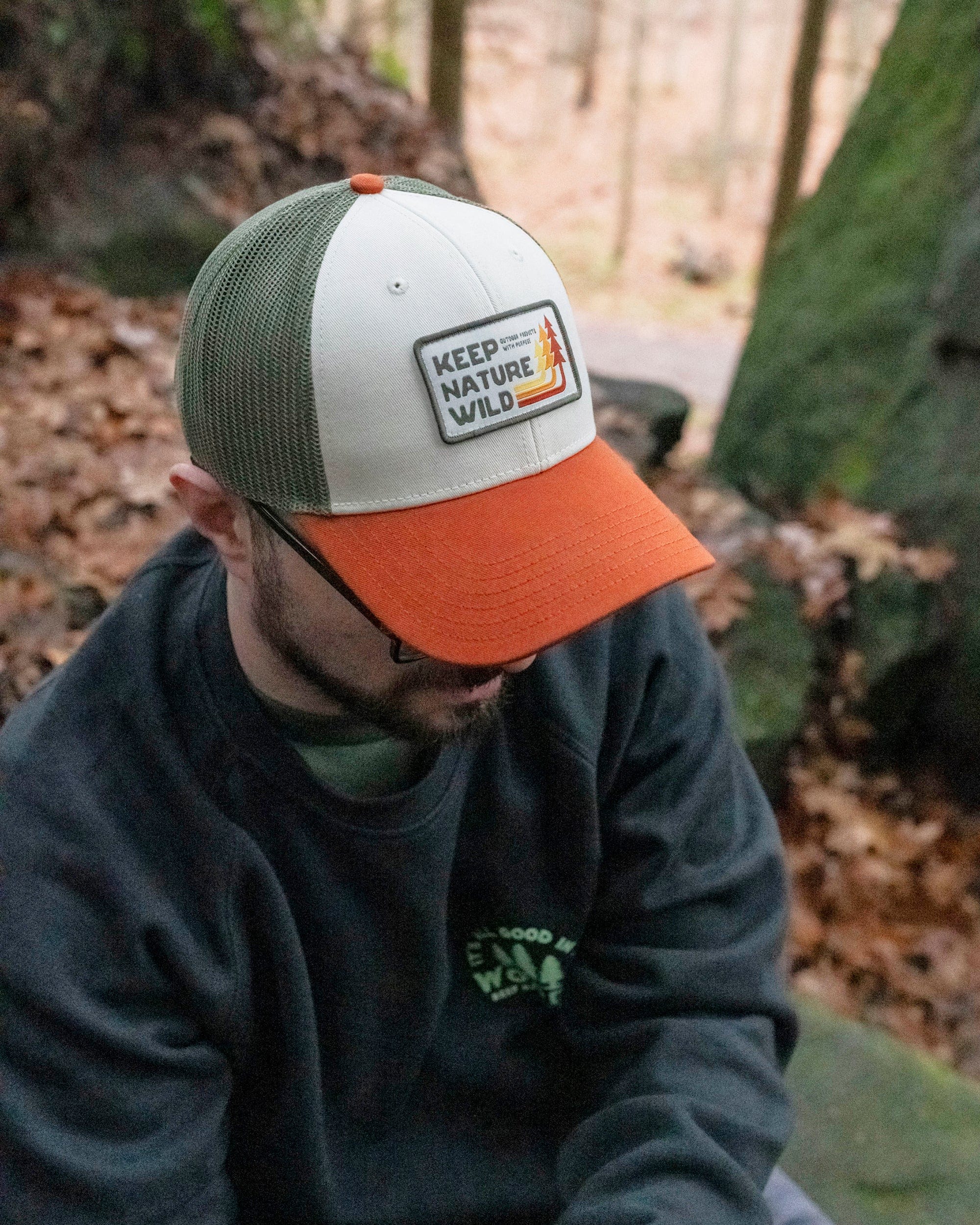 Keep Nature Wild Hat Retro Pines Trucker Hat | Olive/Beige/Copper